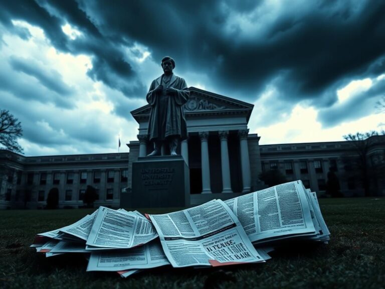 Flick International Overturned protest flyers and a scholar statue against a dark stormy sky