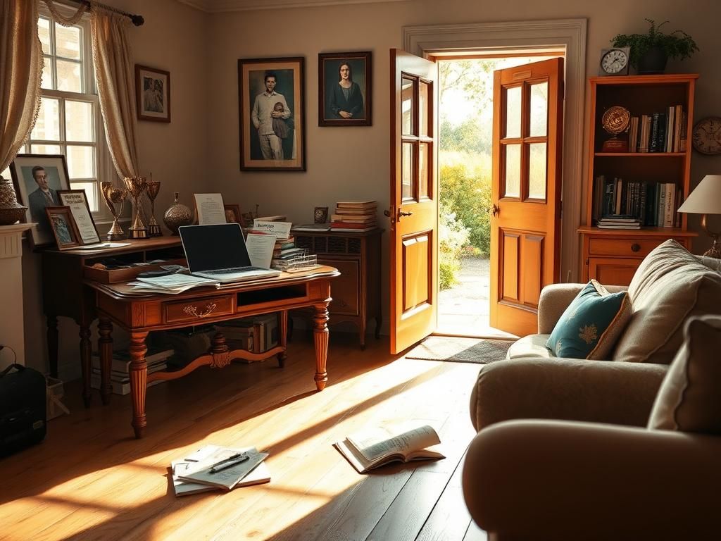 Flick International Cozy living room scene with antique desk and college brochures