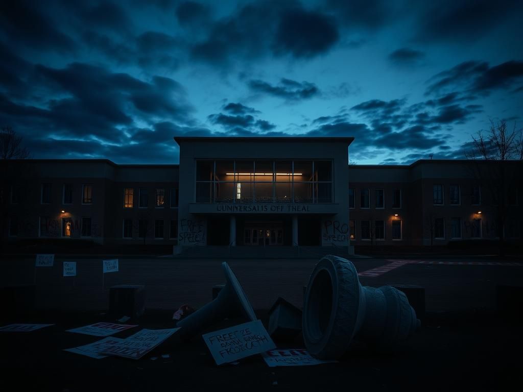 Flick International Stark image of a deserted university campus with broken windows and graffiti reflecting anti-Israel sentiments