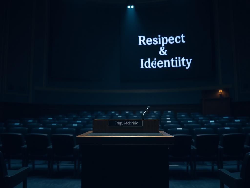 Flick International Somber congressional hearing room with empty chairs and podium labeled 'Rep. McBride'