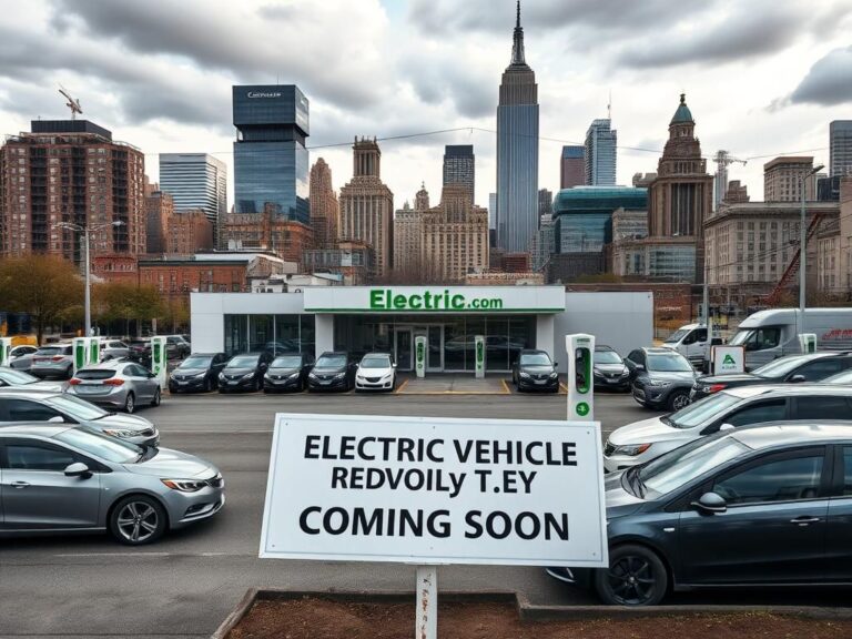 Flick International Urban landscape in New York featuring gas and electric vehicles in front of a car dealership