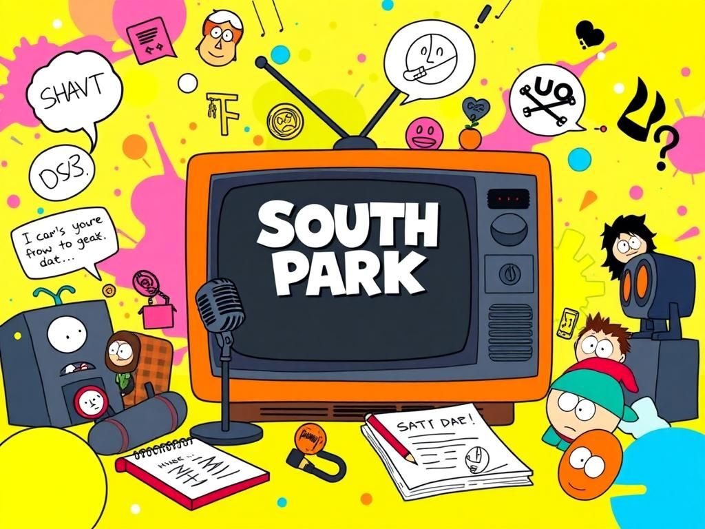 Flick International Colorful cartoon-style setting representing satire and comedy with an oversized 'South Park' television.