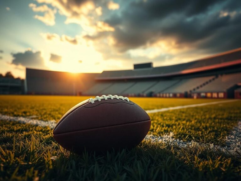 Flick International A scuffed football resting on a football field with dynamic clouds in the sky