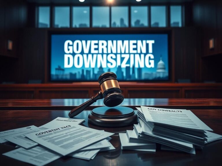 Flick International A dramatic courtroom setting with a large gavel and digital screen showing 'Government Downsizing'