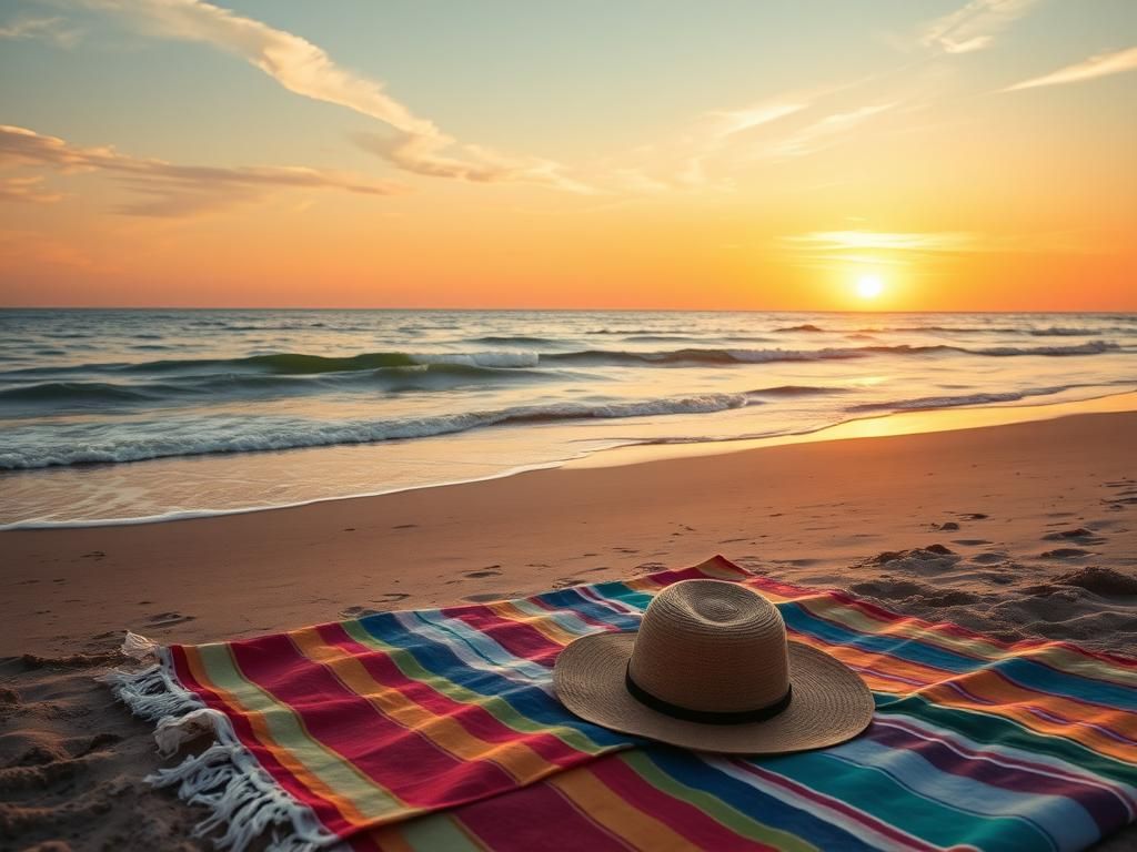 Flick International Scenic beach view at sunset with a colorful blanket and a hat