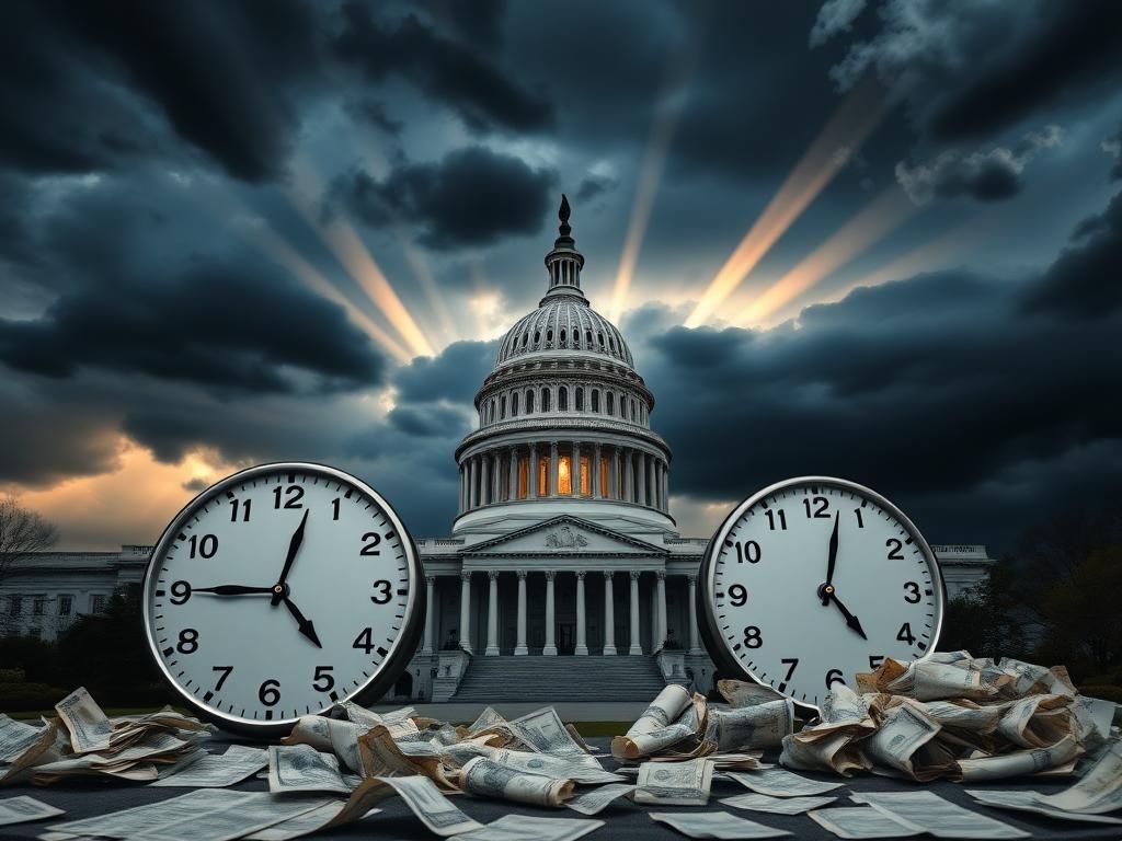 Flick International A dramatic view of the U.S. Capitol building under a stormy sky with clock faces indicating a looming deadline.