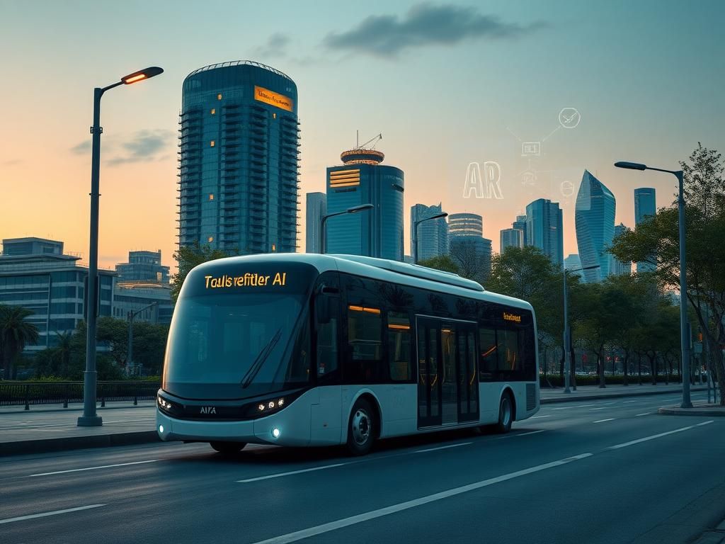 Flick International Futuristic cityscape featuring a sleek, driverless electric city bus at dusk