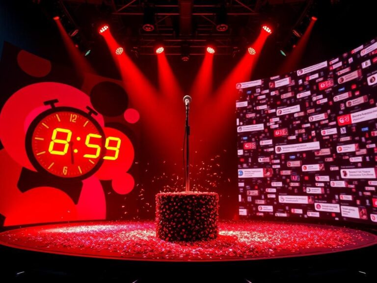 Flick International A dramatic stage set at the 2025 Brit Awards with vivid red and black lighting and a lavishly adorned microphone stand