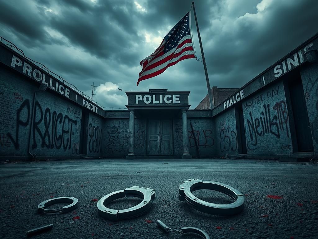 Flick International Weathered police precinct with graffiti and broken handcuffs symbolizing social unrest