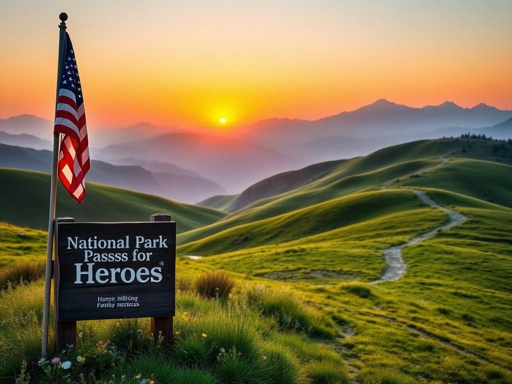 Flick International Expansive view of a serene National Park landscape at sunrise with an American flag