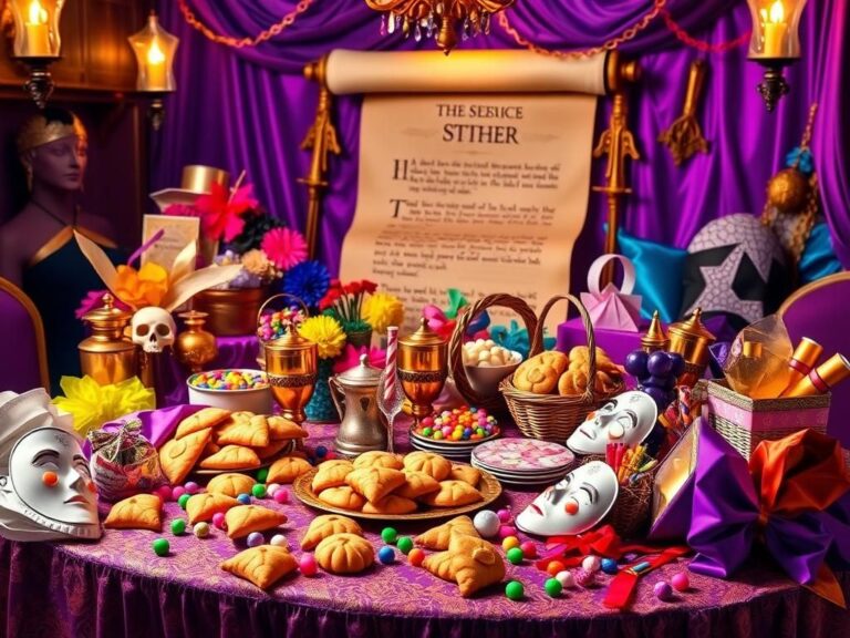 Flick International Vibrant Purim celebration scene with traditional treats and a scroll of Esther