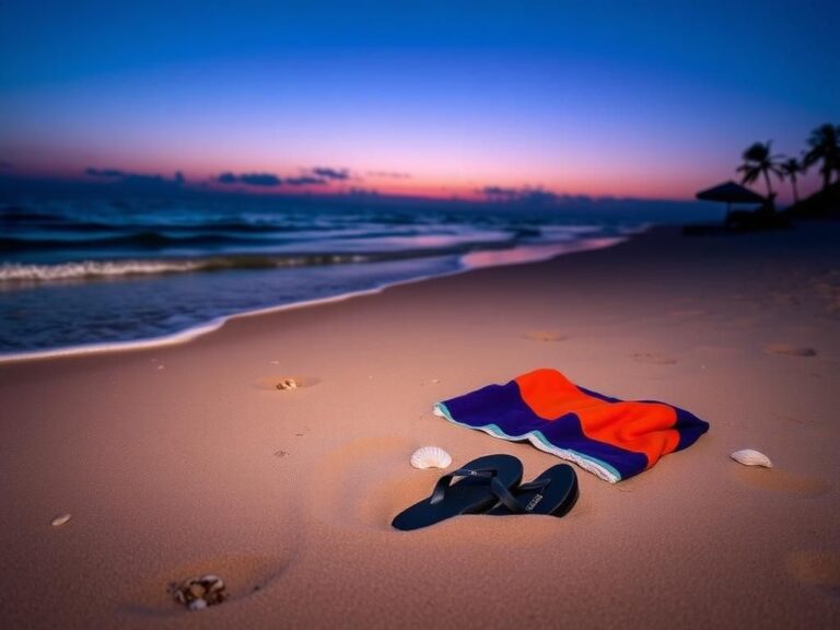 Flick International Twilight beach scene with abandoned flip-flops and vibrant beach towel symbolizing absence