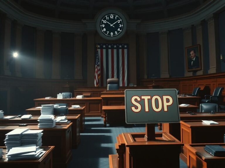 Flick International Dramatic scene in an empty Senate chamber with imposing desks and U.S. flag in the background