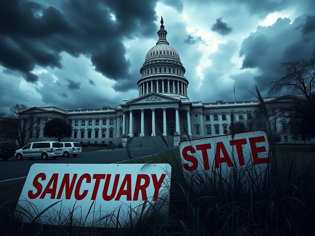 Flick International Exterior of a grand state Capitol building under dark storm clouds with a partially obscured 'Sanctuary State' sign