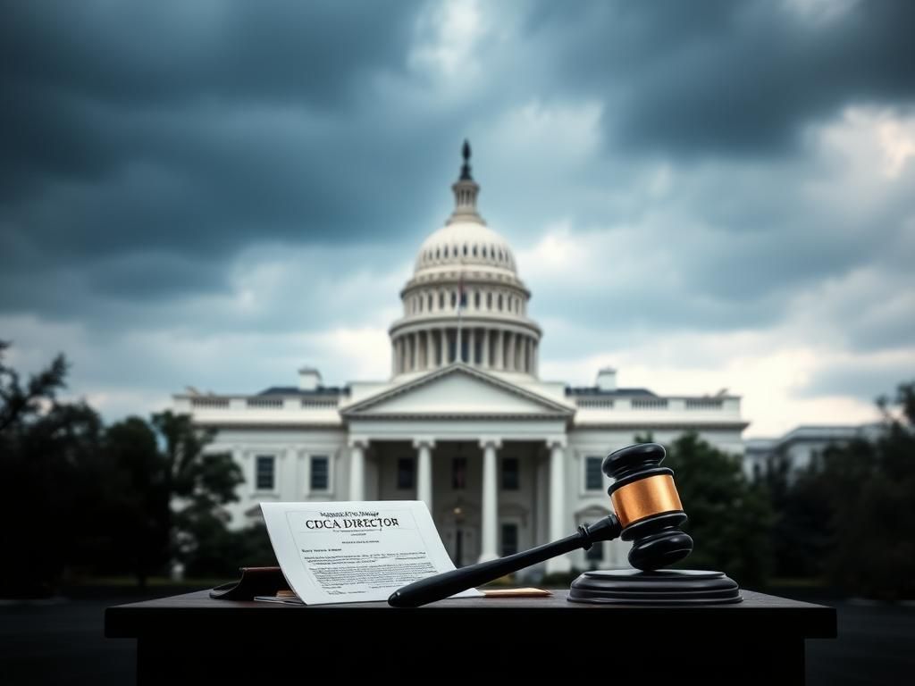 Flick International Symbolic representation of the White House with cloudy sky and congressional elements