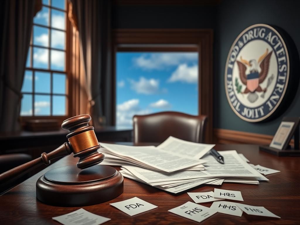 Flick International Vintage wooden desk with legal documents and gavel in a government office setting