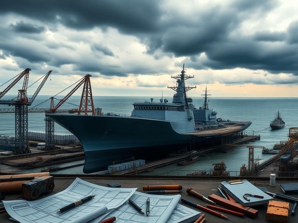 Flick International Massive partially completed ship in a U.S. shipyard surrounded by cranes and machinery