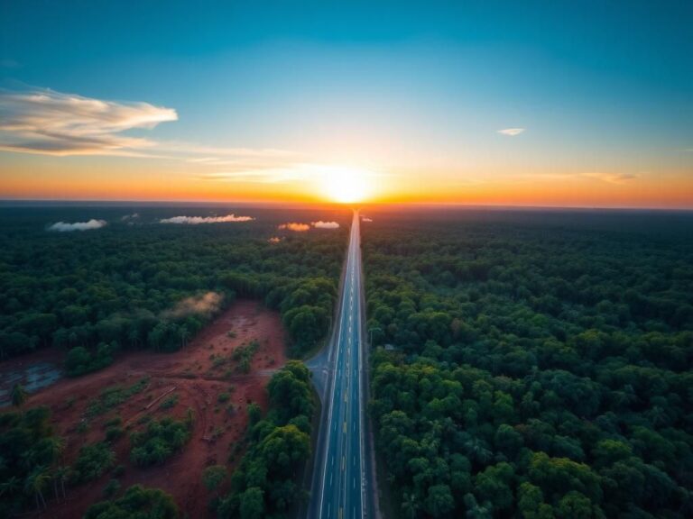 Flick International Aerial view of cleared Amazon rainforest with highway construction