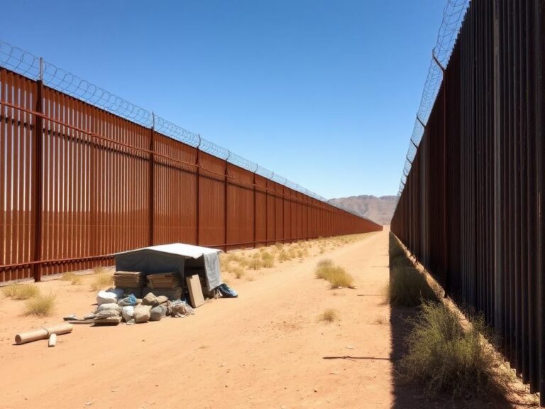 Flick International Tranquil section of the U.S.-Mexico border with rusted fencing and desert vegetation