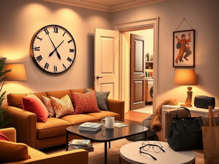 Flick International Cozy living room with a large clock showing 3:00 PM symbolizing punctuality