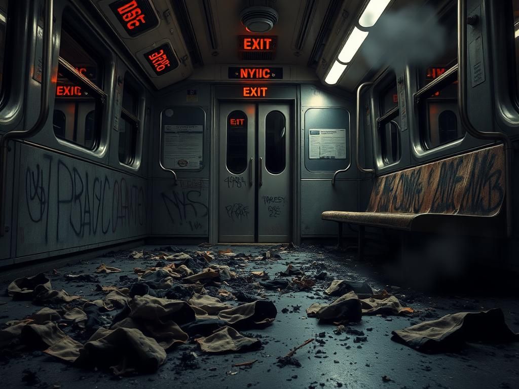 Flick International dimly lit NYC subway train car aftermath with burnt fabric remnants