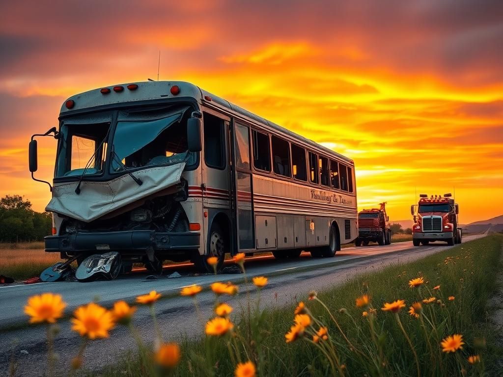 Flick International Wrecked country music tour bus on a rural Texas road