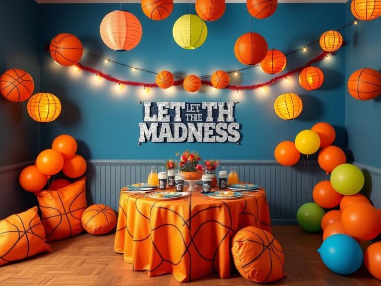 Flick International Festive March Madness party scene with basketball-themed décor