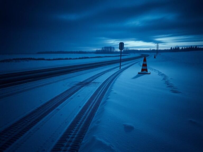 Flick International Somber winter scene with snow-covered road and police barricade cones