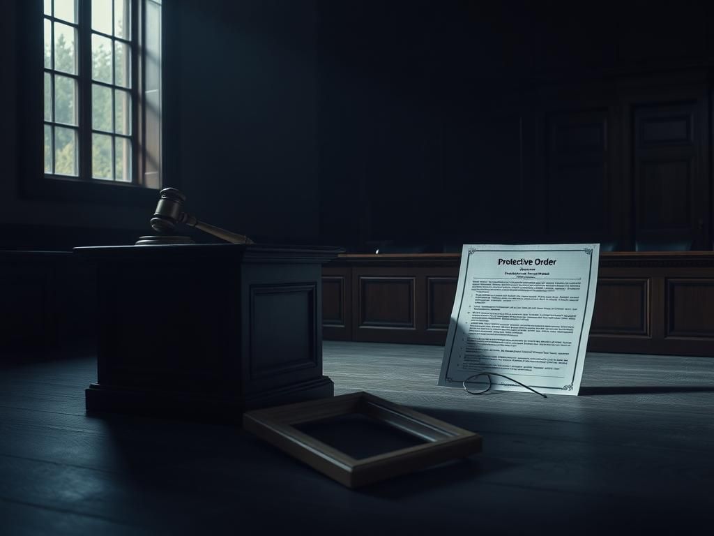 Flick International Empty courtroom with a judge's bench and gavel, illustrating the tension of a protective order hearing