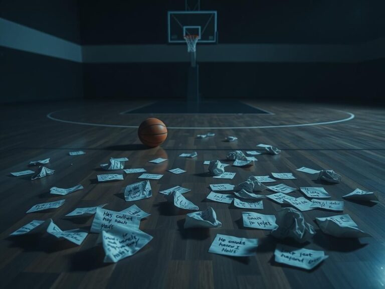 Flick International Somber basketball court scene after a tough game with crumpled hate messages