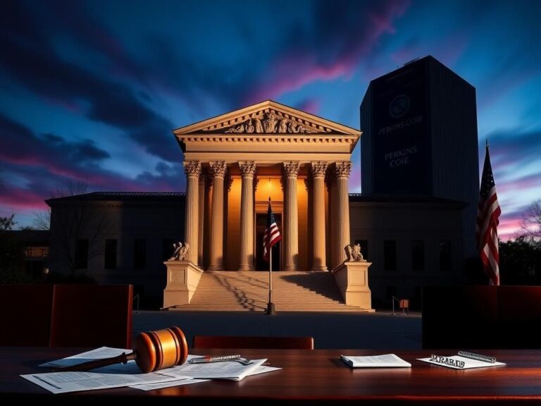 Flick International A federal courthouse with an abandoned gavel and scattered legal documents against a twilight sky