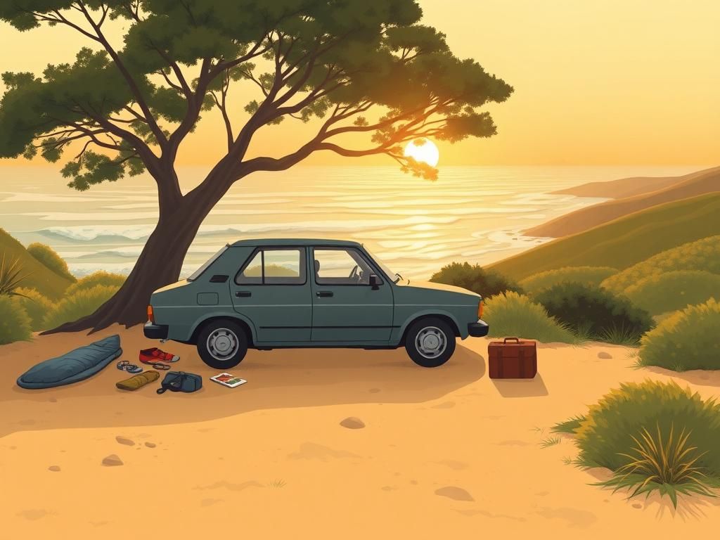 Flick International A serene coastal parking scene featuring an older car surrounded by nature