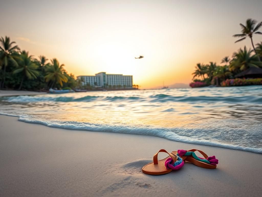 Flick International Serene beach scene at sunrise with abandoned sandals and a colorful sarong near Riu Republica resort