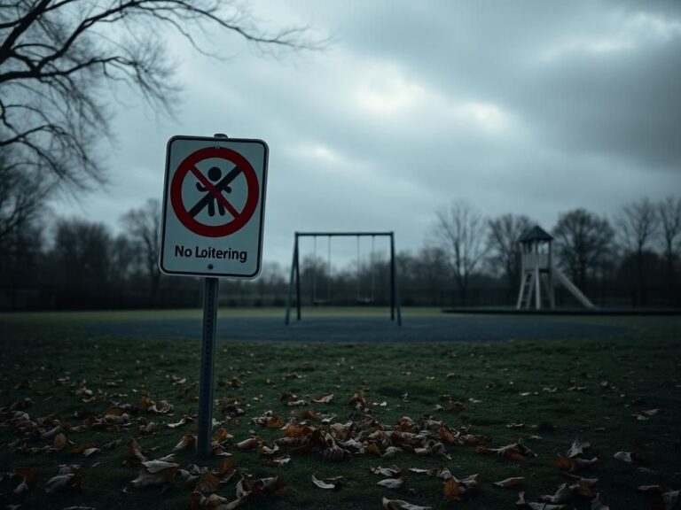 Flick International Empty public park with ominous warning sign and playground in the background