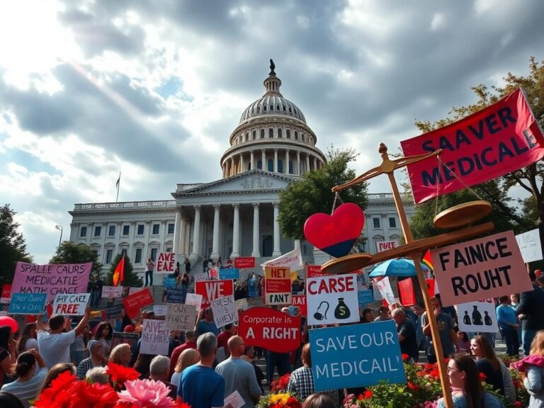 Flick International A vibrant healthcare rally outside the Capitol with protesters holding banners about Medicaid