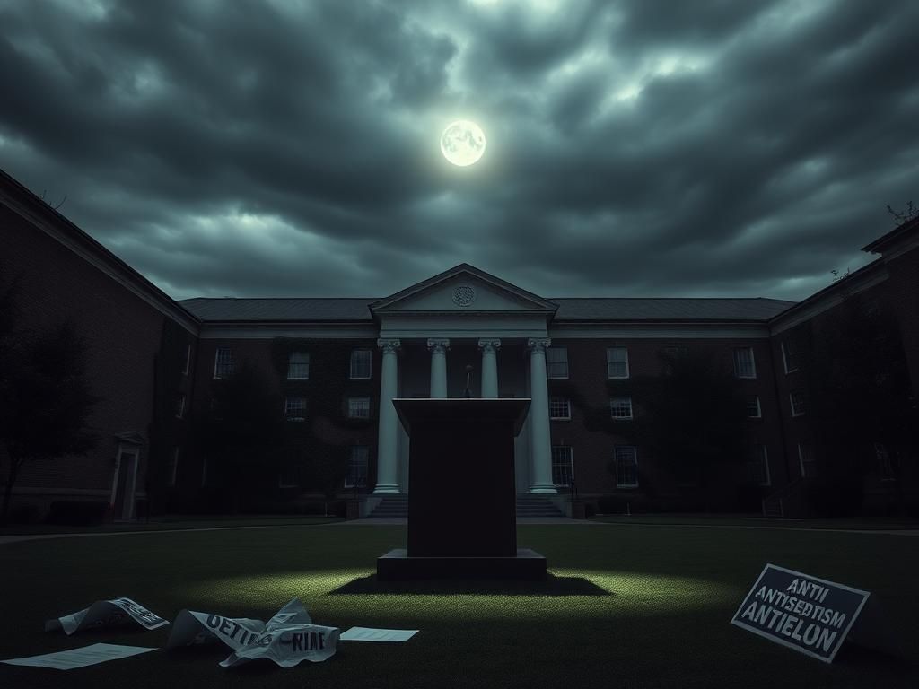 Flick International Dark, moody scene of a university campus with an empty podium symbolizing tense discourse on antisemitism