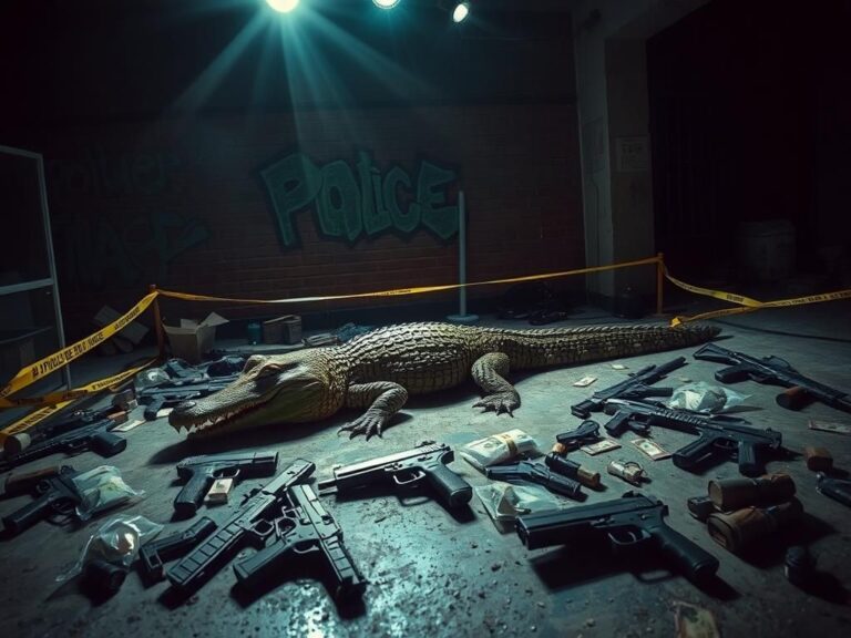 Flick International A large caiman alligator resting in a makeshift pen during a police raid