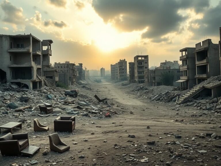 Flick International A desolate landscape of Gaza with crumbling buildings and scattered debris