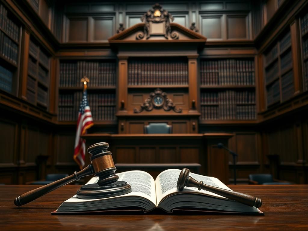 Flick International A courtroom scene featuring a large wooden bench and a gavel on a law book