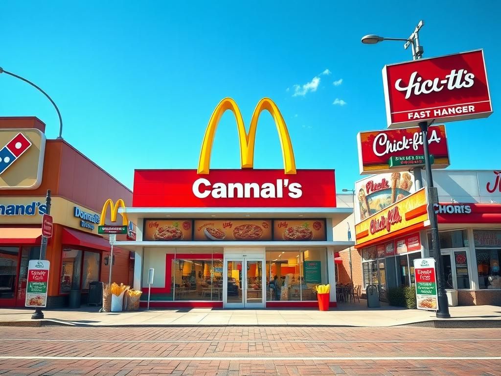 Flick International Vibrant street scene featuring a large McDonald's storefront under a bright blue sky