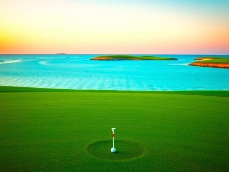 Flick International Serene view of the iconic 17th hole at TPC Sawgrass with the famous island green surrounded by water