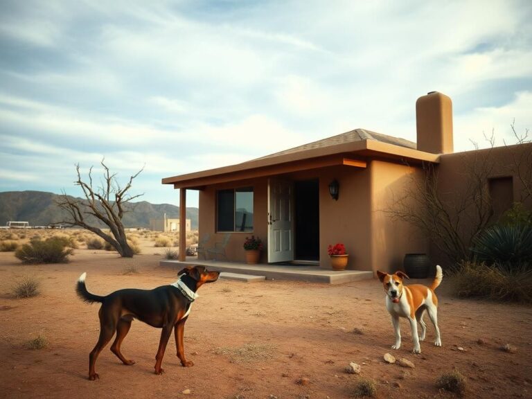 Flick International Two dogs of Gene and Betsy Hackman in front of their home, showcasing a scene filled with emotional weight