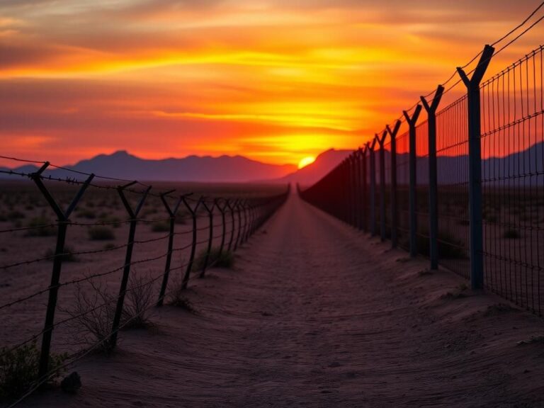 Flick International Desolate stretch of the U.S.-Mexico border at dusk with rusted barbed-wire fence