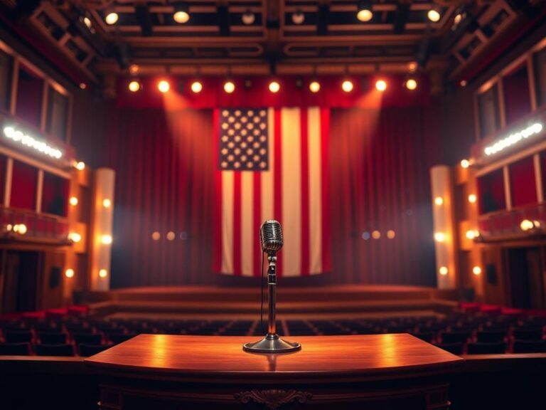 Flick International Grand empty stage with a vintage microphone and American flag backdrop