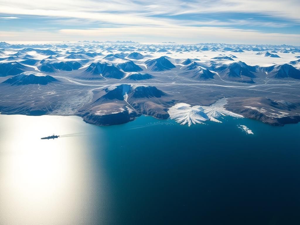 Flick International Aerial view of Greenland's icy landscape with glaciers and a fjord