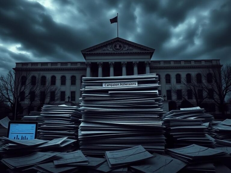 Flick International Large federal building with FBI emblem under a moody sky and a stack of campaign finance documents