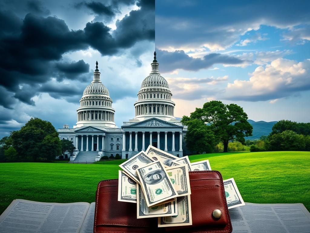 Flick International Split-screen image of the United States Capitol with stormy clouds and a lush green landscape representing political tension and hope.