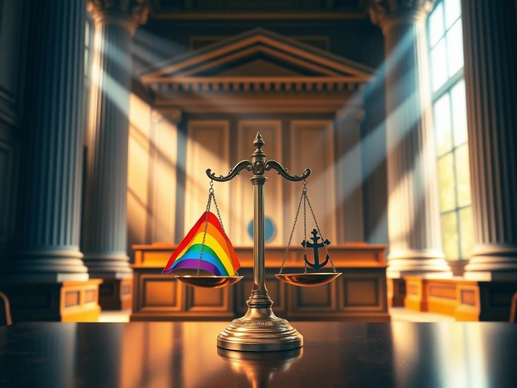 Flick International Abstract representation of a courtroom symbolizing justice and LGBT rights