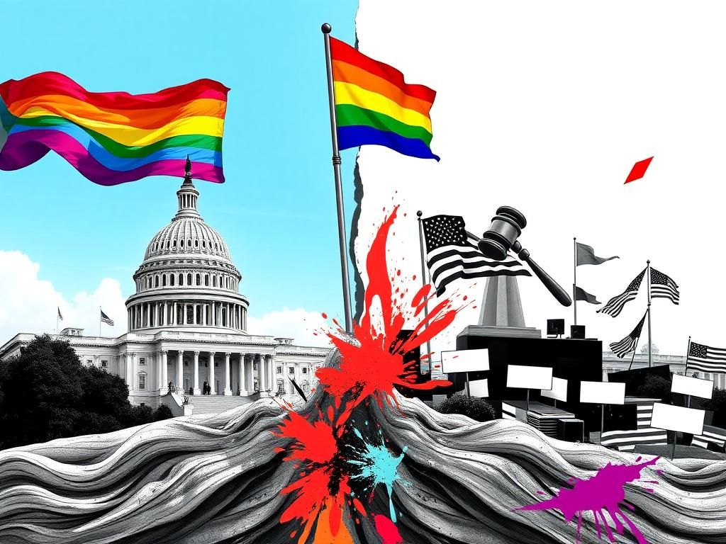 Flick International Conceptual illustration representing the clash between culture and politics with rainbow flag and Capitol building