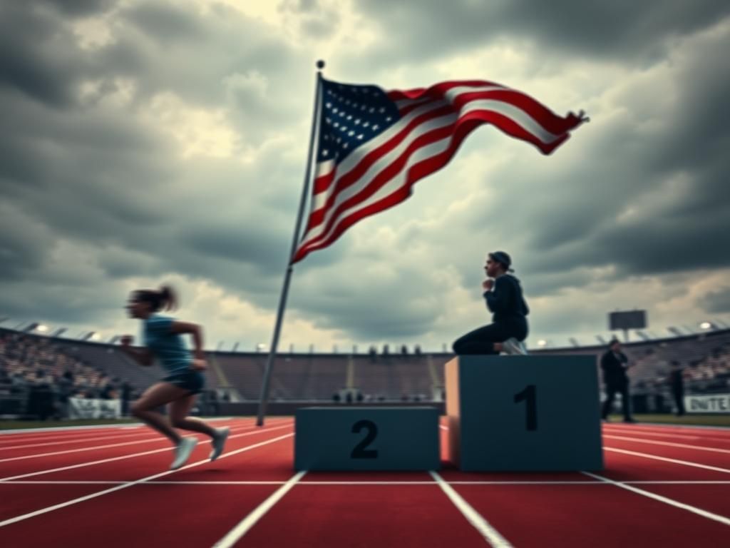Flick International Blurred track and field competition with an empty podium symbolizing contested victory